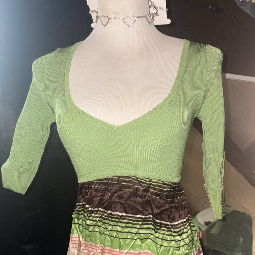 2B BeBe Rare Y2K ballon dress 100% silk Green and Brown Women's Dress